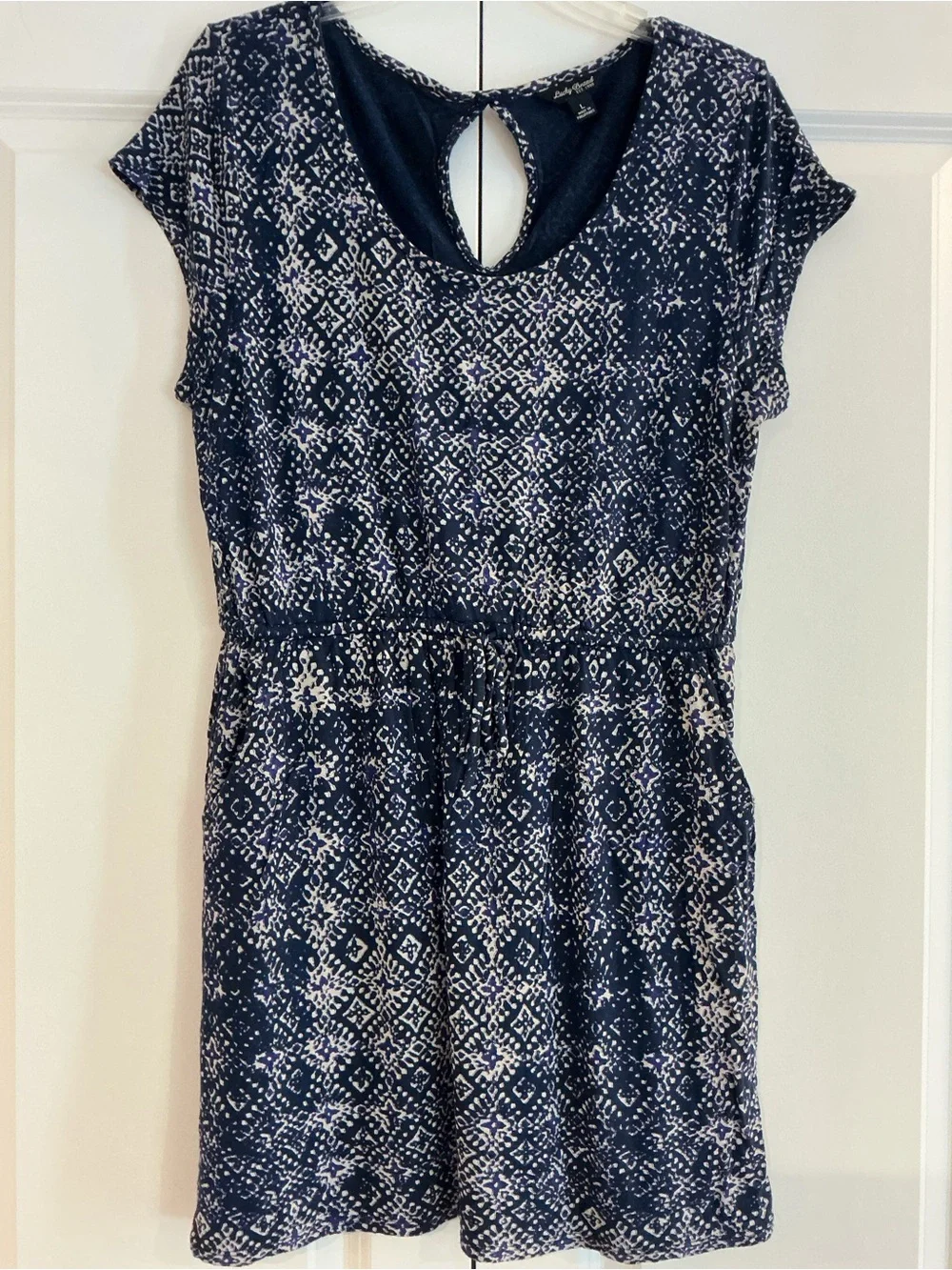 Women's Navy Printed Short Sleeve Tie-Waist Dress - Picture 2 of 4
